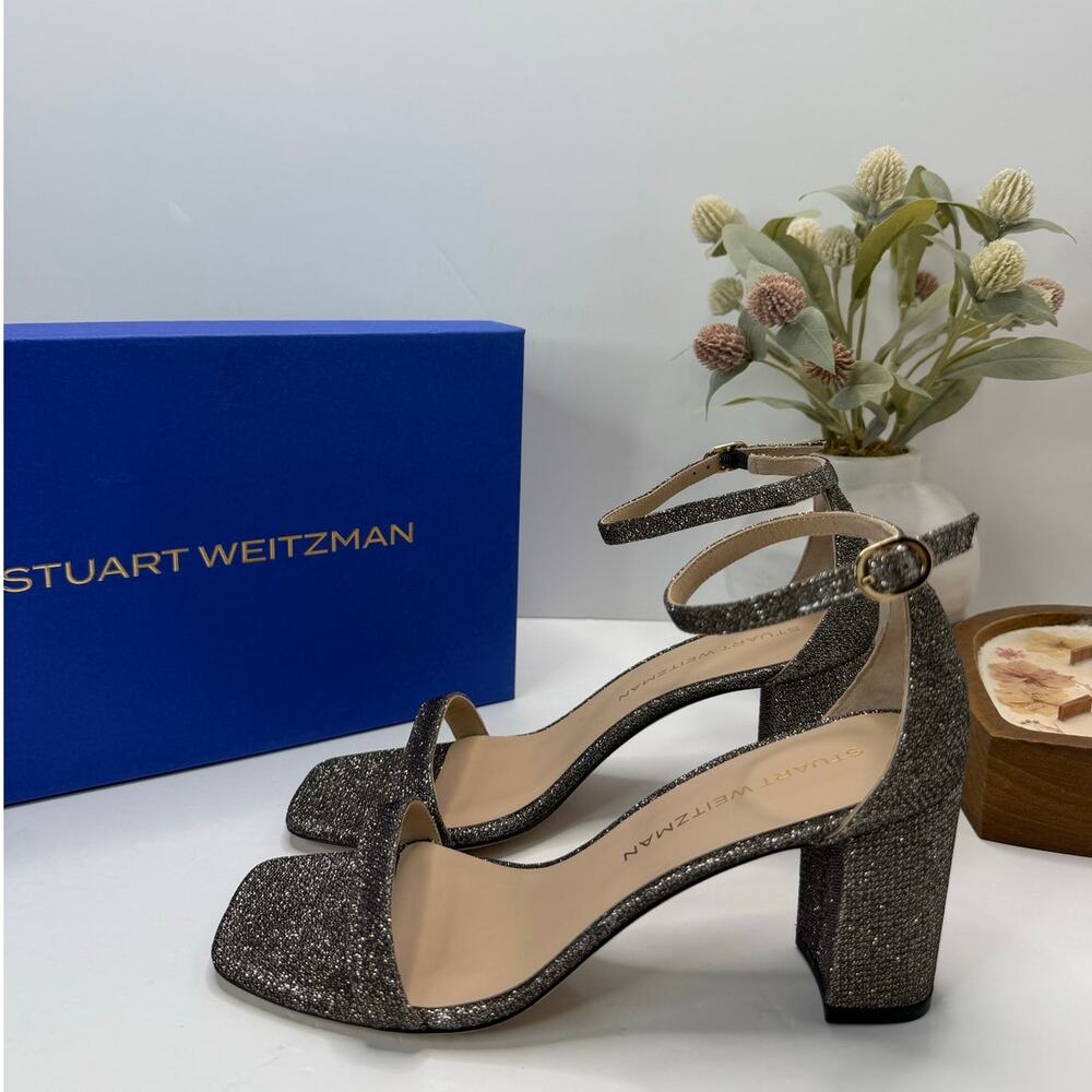Stuart Weitzman Nudistcurve 75 Block Ankle Strap Sandal New Pyrite Women's 9B
